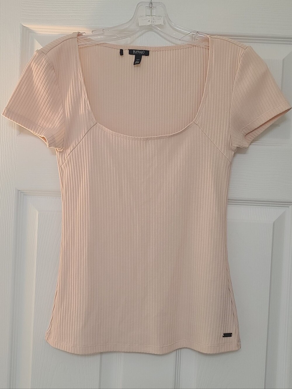 Buffalo David Bitton Peachy Pink Ribbed Scoop-Neck Short Sleeve Top